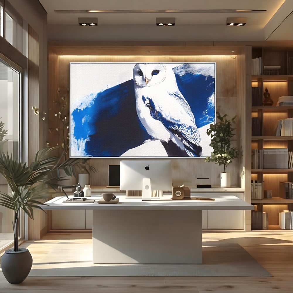 Tablou canvas cu tablou canvas cu bufnita alba, in rama de aluminiu argintiu, pe perete intr-un birou